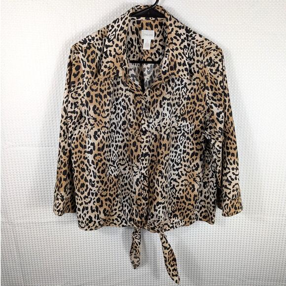 Chico’s Women’s 2 L Leopard Print Cotton Button Front Tie Hem Shirt Blouse - Picture 1 of 4